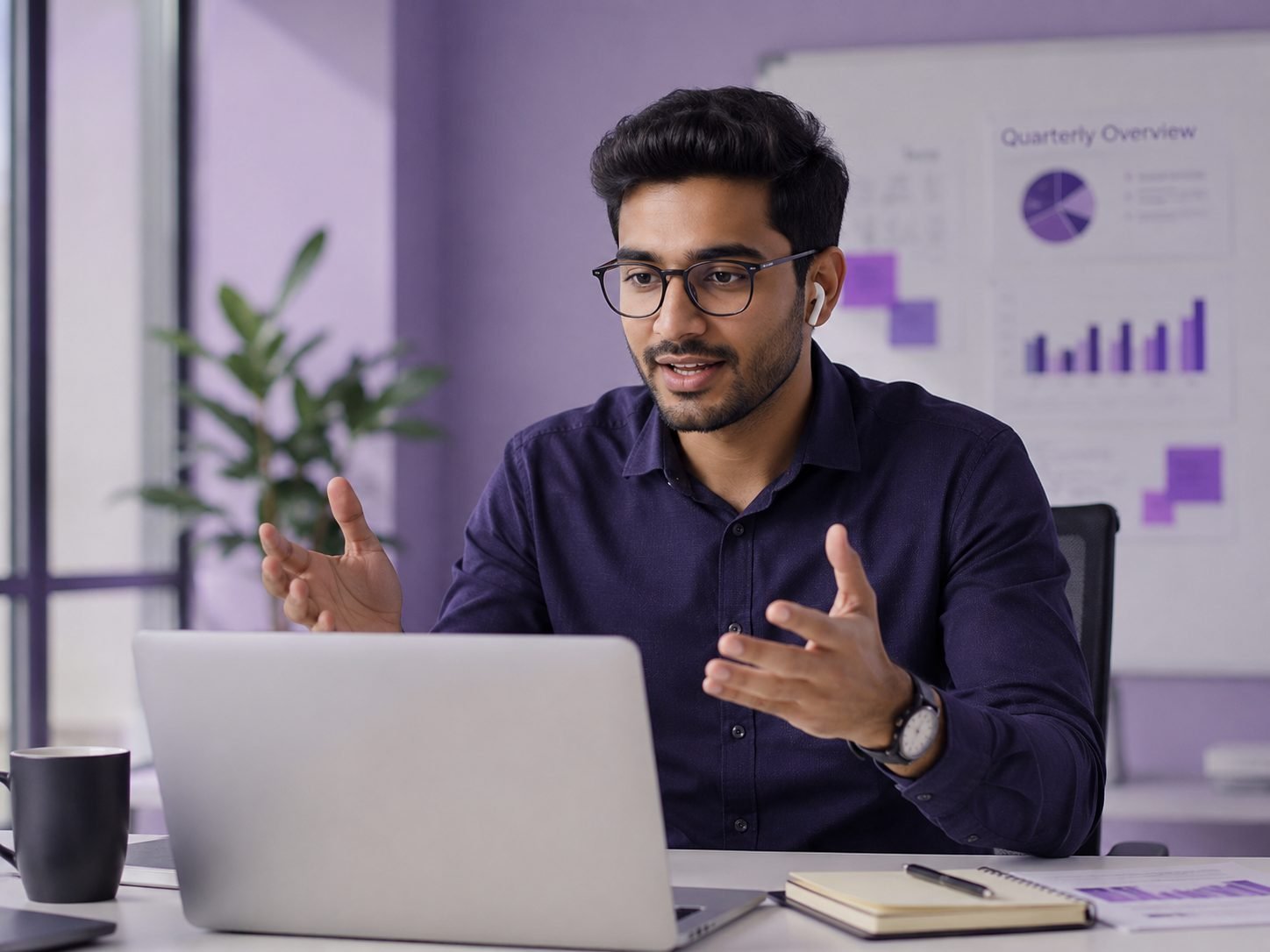 A working professional reviewing charts and data on a laptop in an office