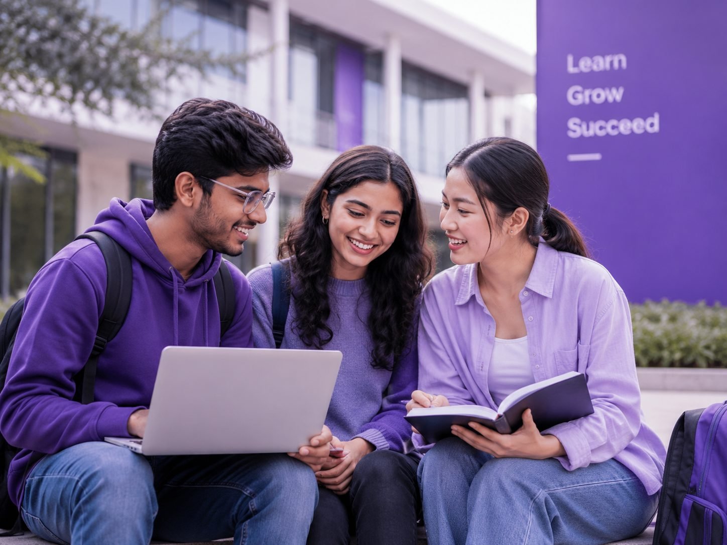 Three students smiling and studying together on a college campus