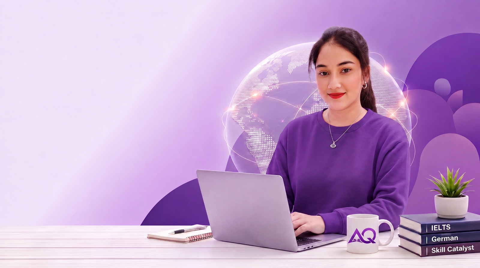 AEON-IQ learner studying online, connected to a global learning network